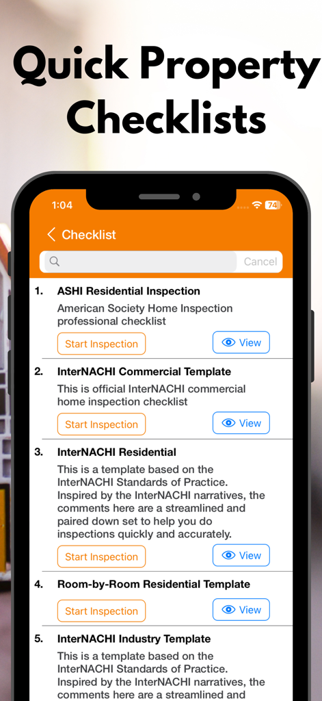 Mobile interface showing professional home and commercial inspection checklist templates