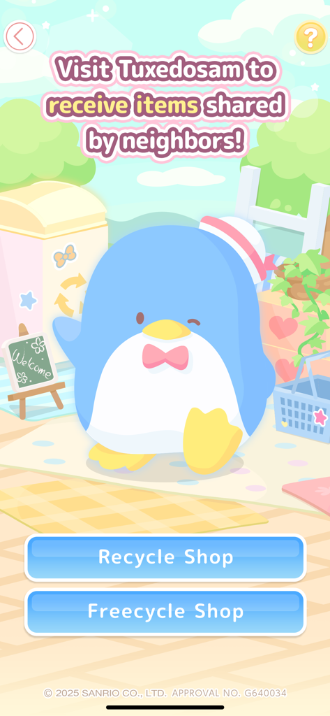 ハローキティ ドリームビレッジに登場するタキシードサムのペンギンキャラクター。リサイクルショップとフリーサイクルショップのボタンが表示されています。