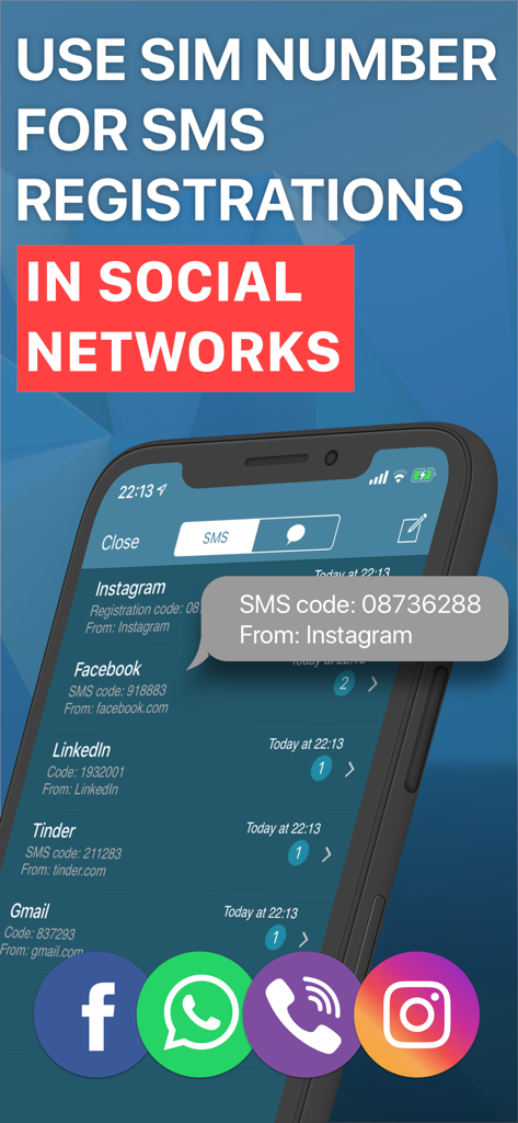 Smartphone screen showing SMS verification codes for social network registrations