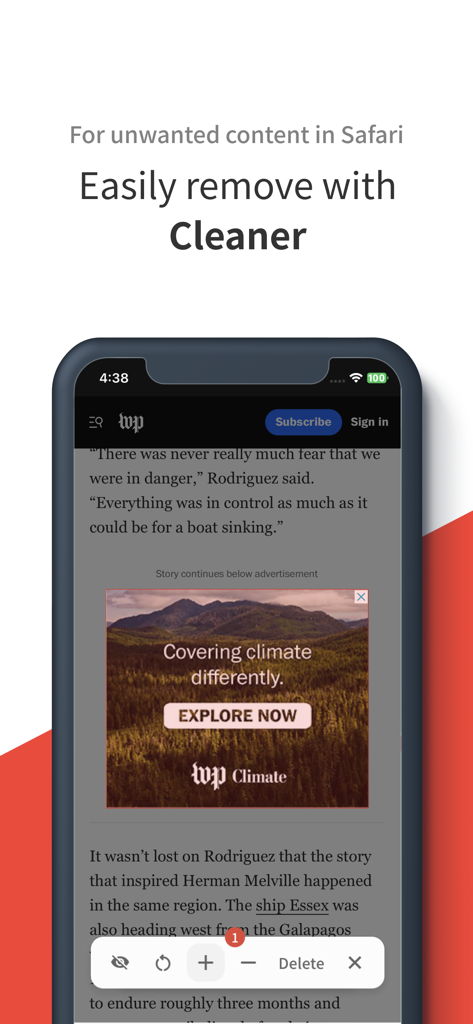 Webページから広告を削除するUnicorn ProアプリのSafariコンテンツクリーナー機能を示すインターフェース