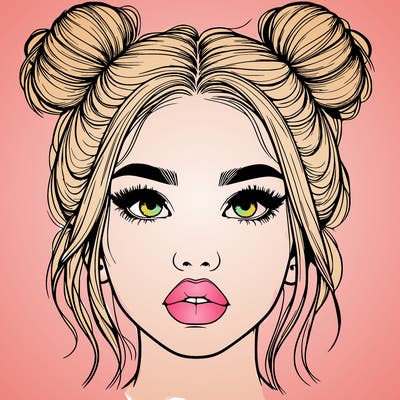 realistic girl with two buns on her hair and lips