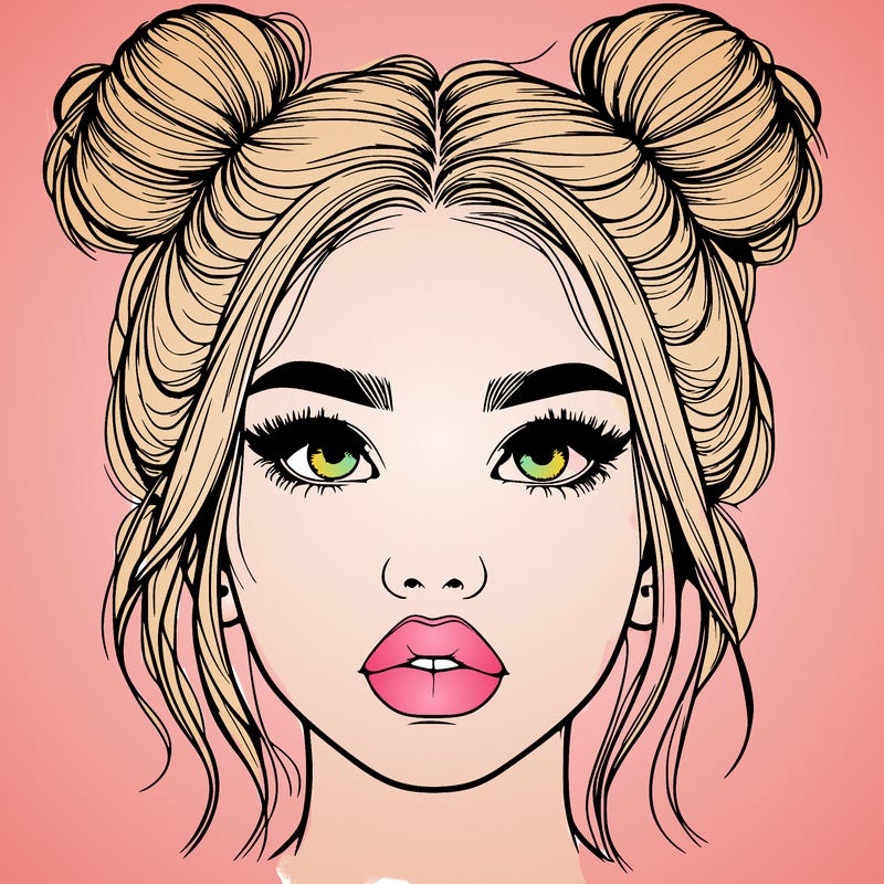 realistic girl with two buns on her hair and lips
