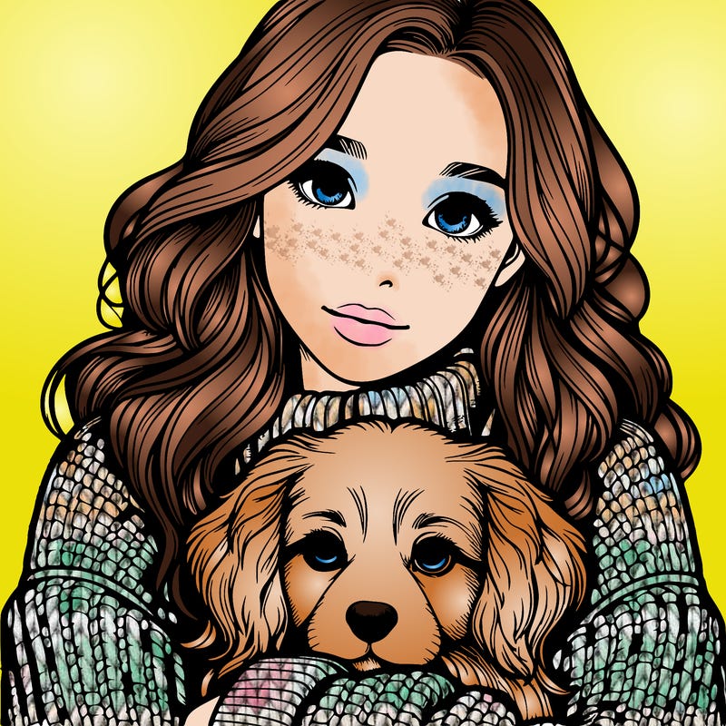 teen realistic girl in a sweater cuddling a realistic cute dog