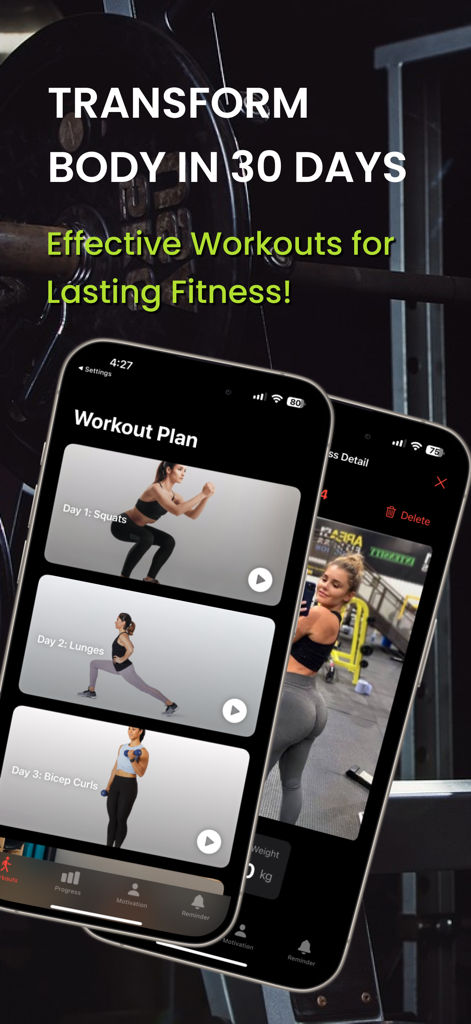 Woman Exercise 30 Days Workout - Interfaz de la aplicación Ejercicio Mujer 30 Días que muestra un plan de entrenamiento diario y un rastreador de progreso.