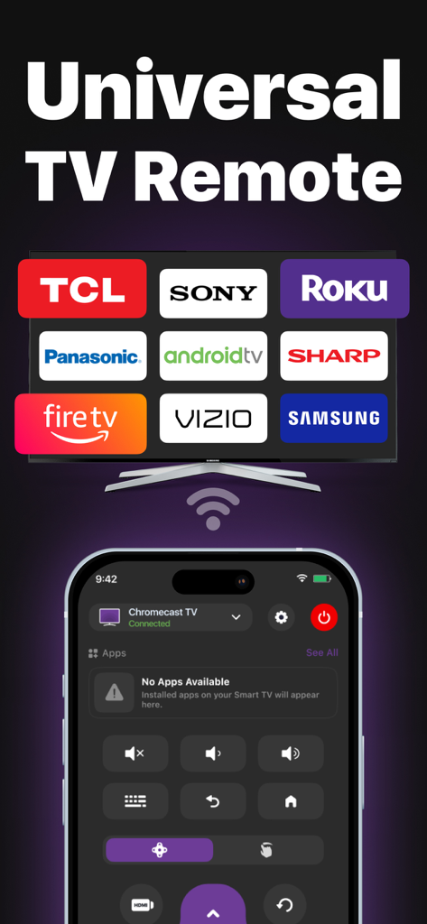 Universal TV Remote App - Interfaz de la aplicación de control universal para TV que muestra compatibilidad con marcas importantes de televisores como Sony, Samsung y Roku.