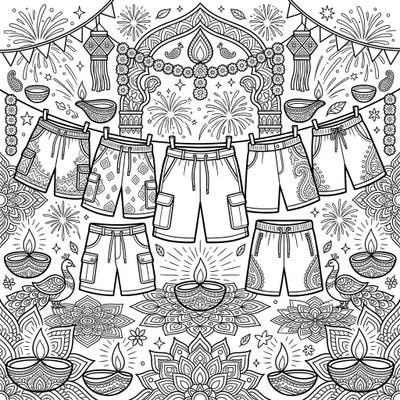 Get ready to celebrate Diwali with a unique twist! This coloring page features a collection of stylish men's shorts, beautifully integrated into a vibrant festival scene filled with traditional decorations and sparkling fireworks.