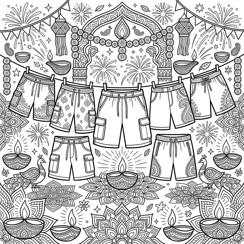 Get ready to celebrate Diwali with a unique twist! This coloring page features a collection of stylish men's shorts, beautifully integrated into a vibrant festival scene filled with traditional decorations and sparkling fireworks.