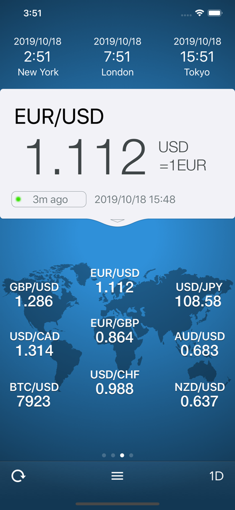 WorldStock - WorldStock app interface showing EUR to USD exchange rate and a global forex map