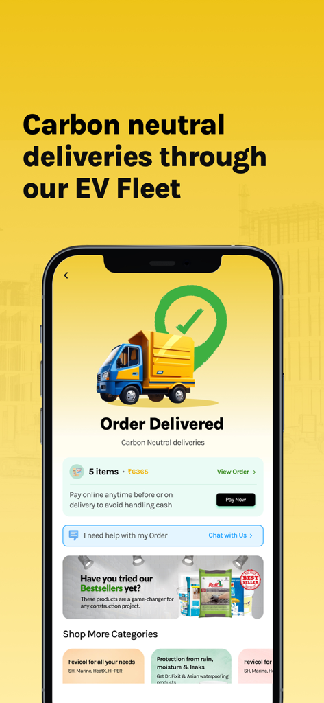 HomeRun: Materials in 60 mins - Screenshot of HomeRun app showing an order delivered confirmation with carbon neutral delivery via an EV fleet.