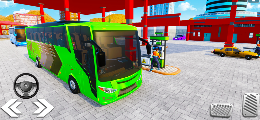 Bus Games - City Bus Simulator - Un autobús urbano verde aparcado en una gasolinera en un juego simulador de conducción en 3D