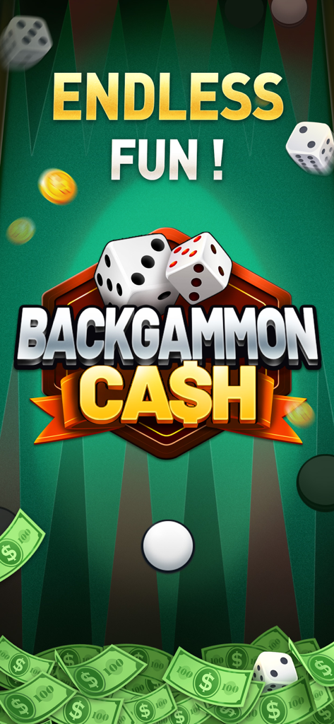 Backgammon Cash live board game promotional screen with dice and money