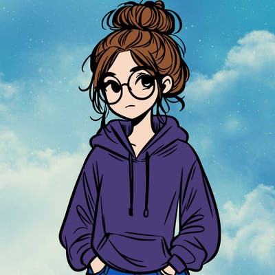 teen girl with a messy bun and glasses wearing a loose hoodie and jeans