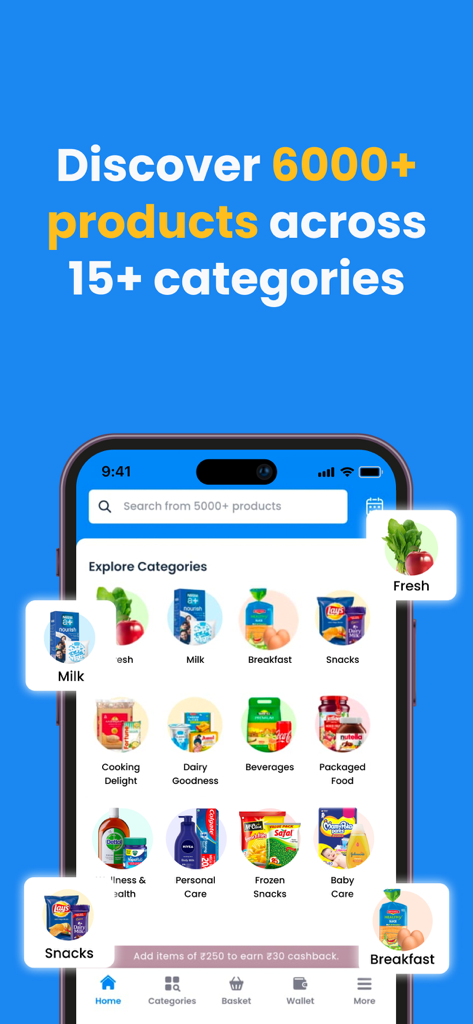 Milkbasket: Grocery Delivery - Milkbasket app interface showing grocery categories like dairy snacks and fresh produce for daily home delivery