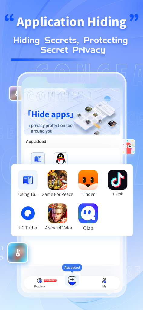 Captura de pantalla de la interfaz de App Hide mostrando cómo seleccionar aplicaciones de redes sociales y de citas para ocultar por privacidad.