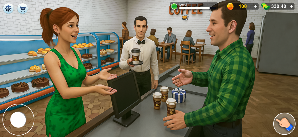 Cafe Shop Coffee Simulator - A barista serving coffee to customers in a 3D cafe simulation