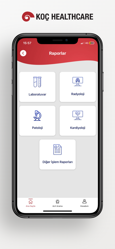 Un affichage sur smartphone de l'application Koç Healthcare montrant des icônes pour les rapports médicaux de laboratoire, de radiologie, de pathologie et de cardiologie