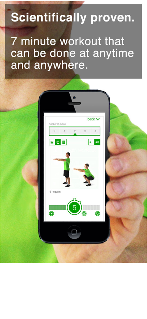 7 Minute Workout Challenge - Pantalla de iPhone que muestra un ejercicio de sentadilla de la aplicación 7 Minute Workout Challenge
