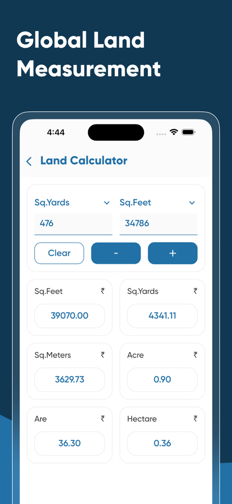 Land Area Calculators - Die Benutzeroberfläche der Flächenrechner-App zeigt die Umrechnung von Flächeneinheiten an