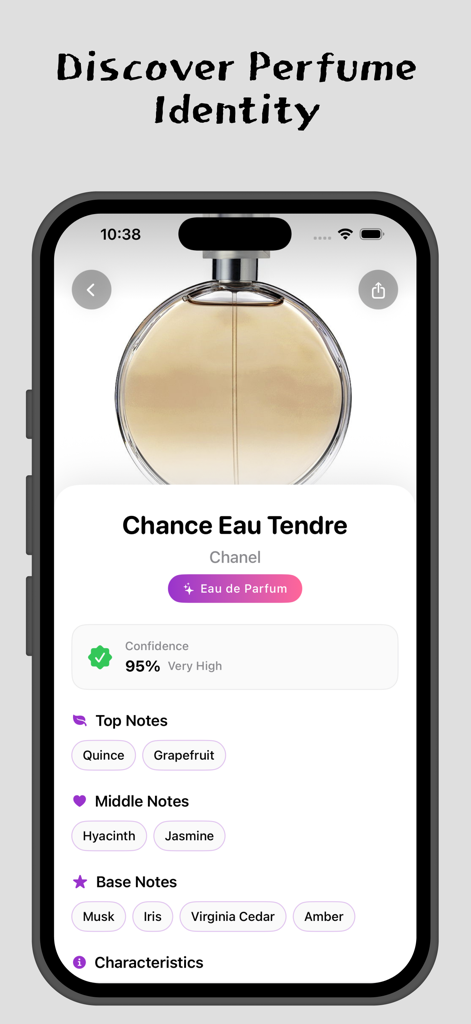 AI Perfume Identifier Scanner - Schermata dell'app AI Perfume Identifier che mostra le note olfattive e l'identificazione per Chanel Chance Eau Tendre