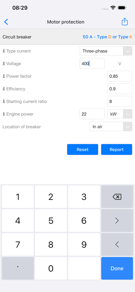 Mobile Electrician app interface showing motor protection calculation for circuit breaker sizing