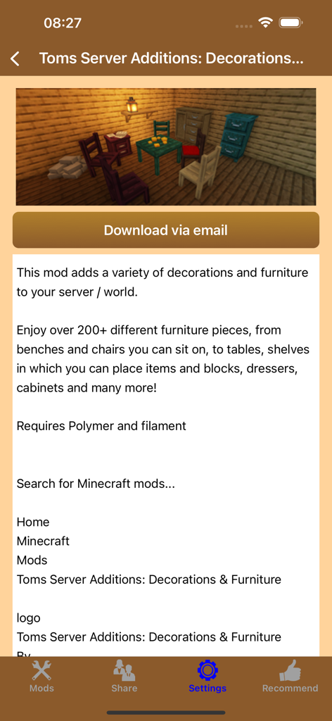 Screenshot of the Minecraft furniture mod app showing detailed mod descriptions and decorative furniture items like tables and chairs.