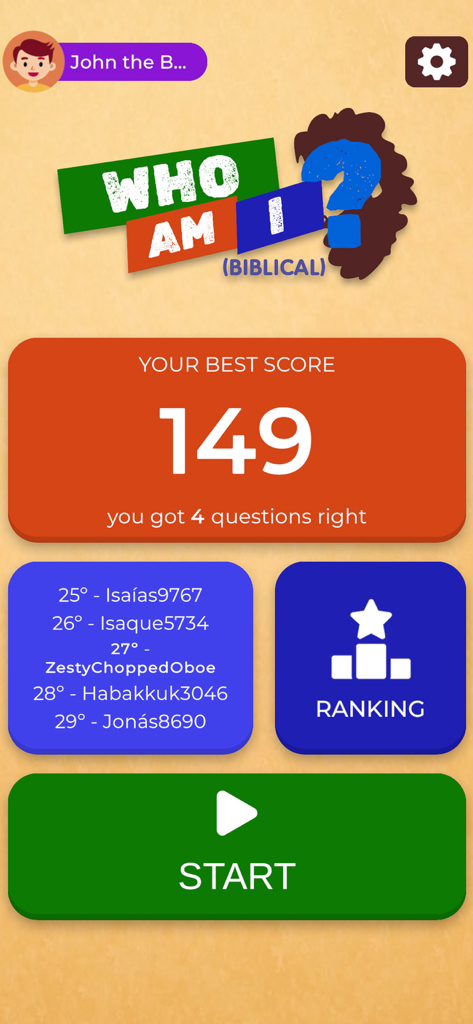 Who am I? (Biblical) - Der Startbildschirm der Wer-bin-ich-Bibel-Quiz-App, der die Bestleistung und einen Startknopf zeigt