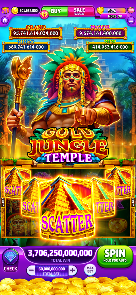Gold Jungle Temple slot machine game screen with Aztec theme
