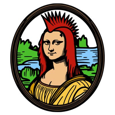 leonardo da vinci's "mona lisa" with punk hairstyle, realistic, thin borders
