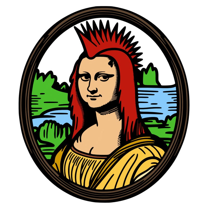 leonardo da vinci's "mona lisa" with punk hairstyle, realistic, thin borders