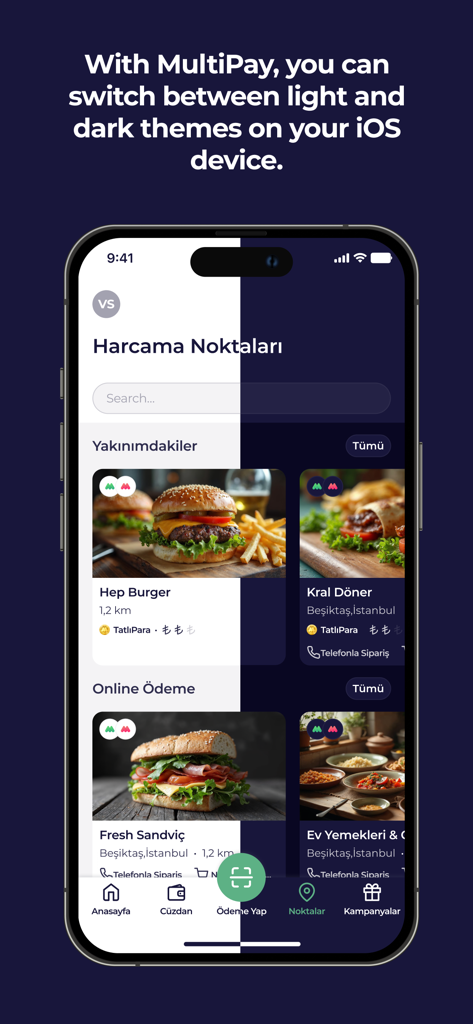 Comparison of MultiPay app interface in light and dark mode showing local restaurant listings.