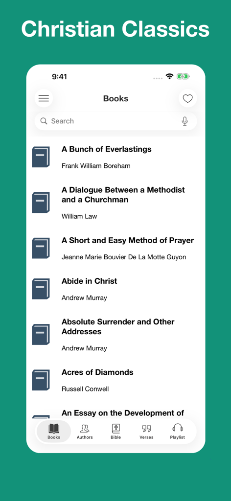 Christian Classics Books - Screenshot der App Christliche Klassiker Bücher, der eine Liste theologischer Literatur und Autoren anzeigt