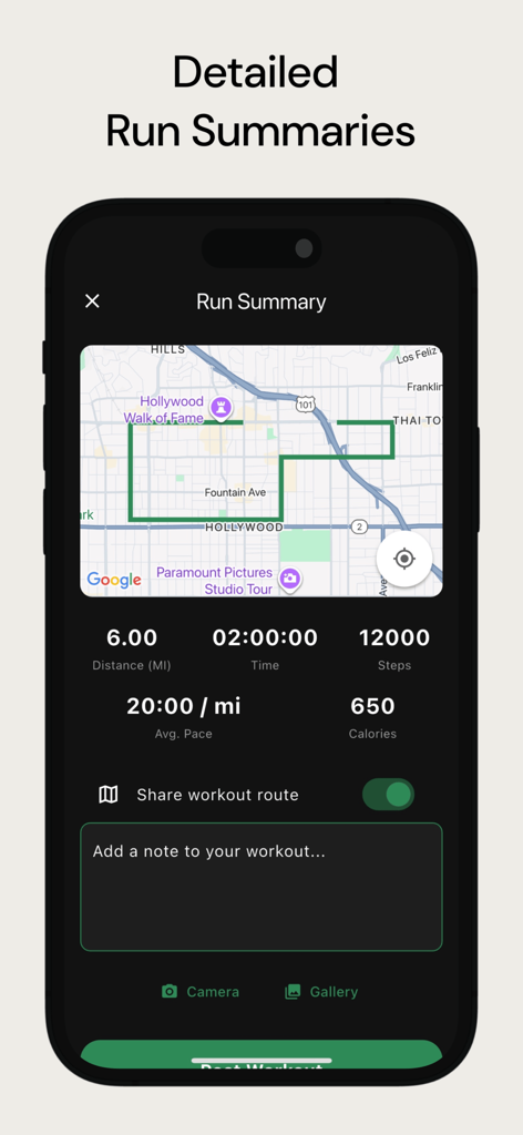 HealthMeter - Resumen de carrera de la aplicación HealthMeter que muestra un mapa de ruta y estadísticas del entrenamiento