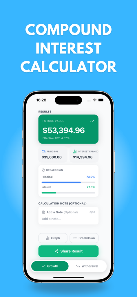 Compound Interest Calculator # - Compound interest calculator app interface showing investment growth results including future value principal and interest earned