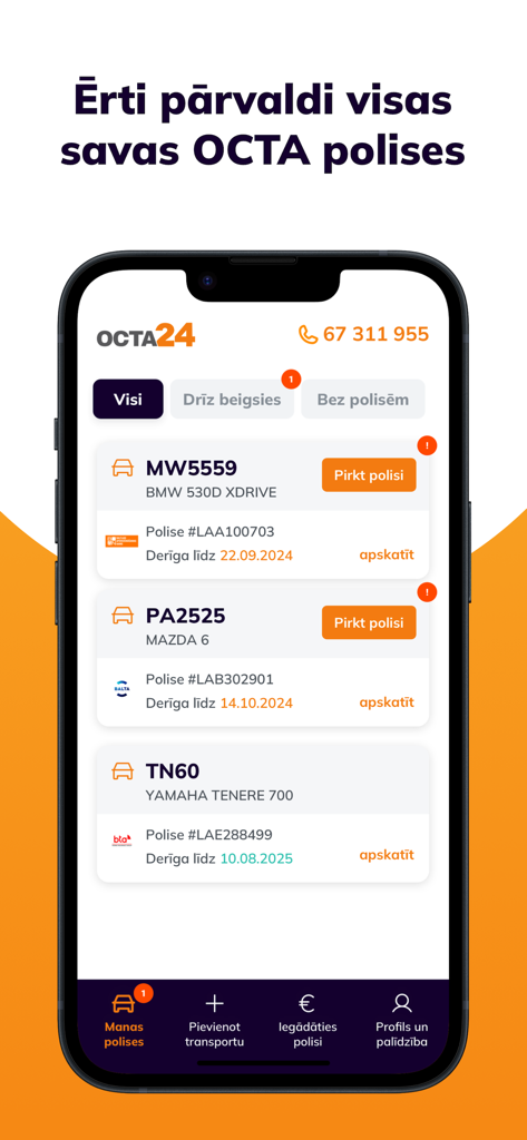 Octa24 Apdrošināšana - Octa24 app dashboard showing a list of vehicle insurance policies and expiration dates