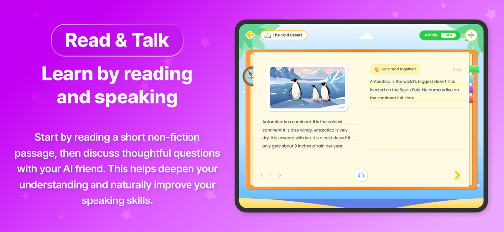 Ella School - English Learning - Ella School app interface showing a reading and speaking lesson about Antarctica for children