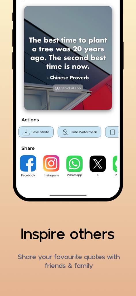 Stoic Life Calendar app interface showing a motivational quote with options to share on social media