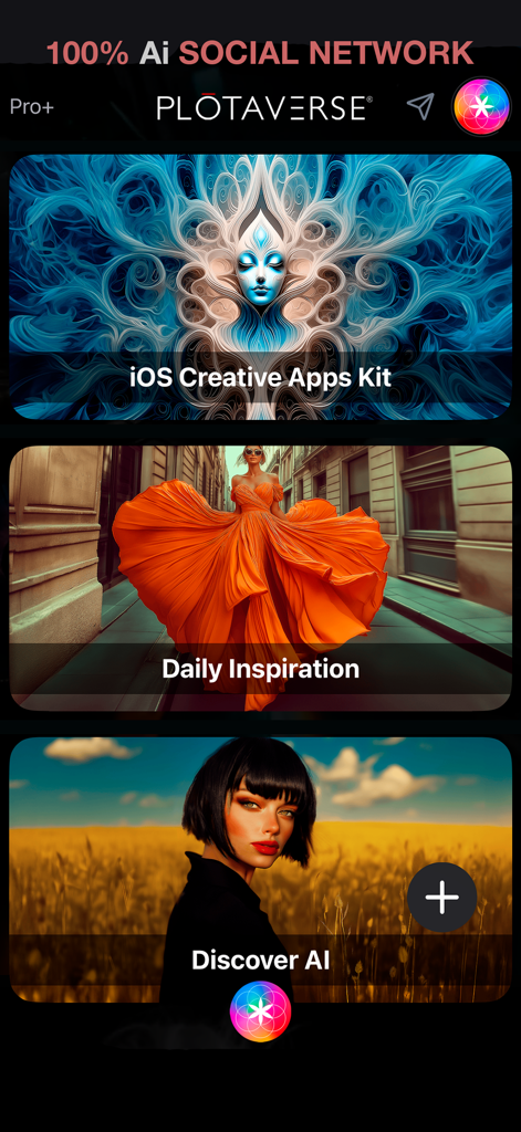 Interface of Plotaverse app showing creative app kits and AI inspiration cards.