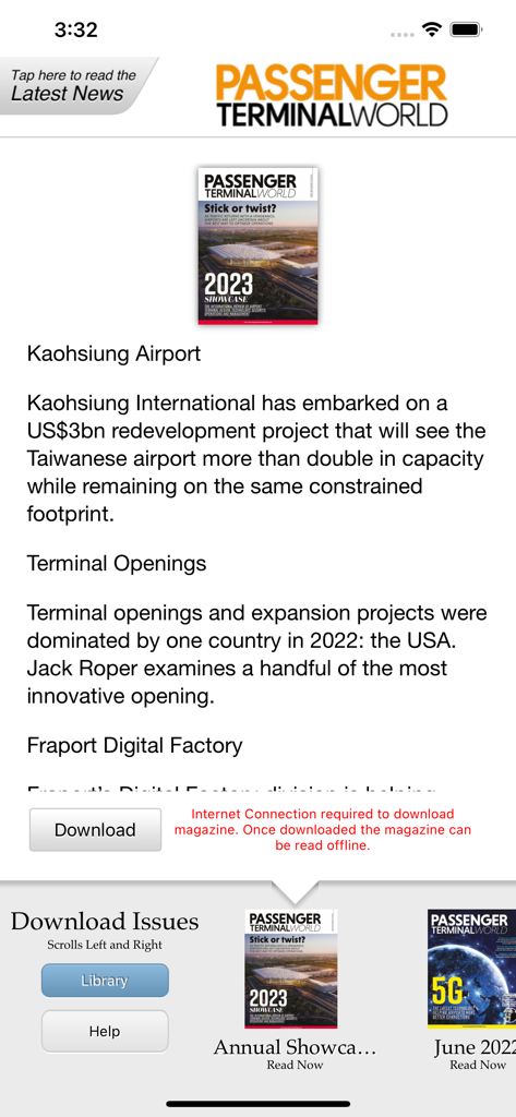 Passenger Terminal World - Oberfläche der Passenger Terminal World App mit Artikeln aus der Luftfahrtindustrie und herunterladbaren Magazinausgaben.