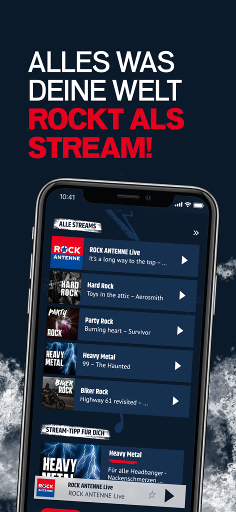 Pantalla de smartphone mostrando la aplicación Rock Antenne con varios streams de géneros de música rock como Hard Rock y Heavy Metal.