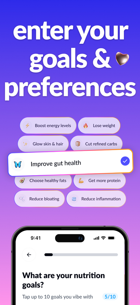 Selección de metas de salud personalizadas en la aplicación Goodie AI food scanner