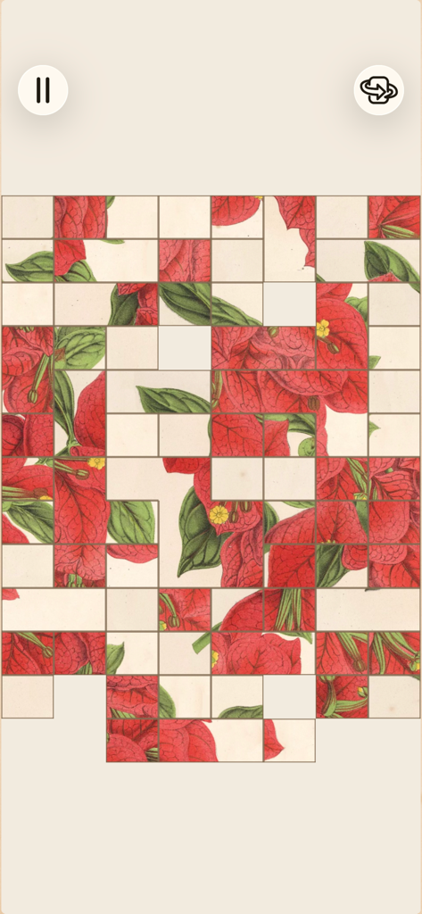 Art of Flora: Cozy Puzzles - Jugabilidad de puzzle botánico con una ilustración vintage de una flor roja.