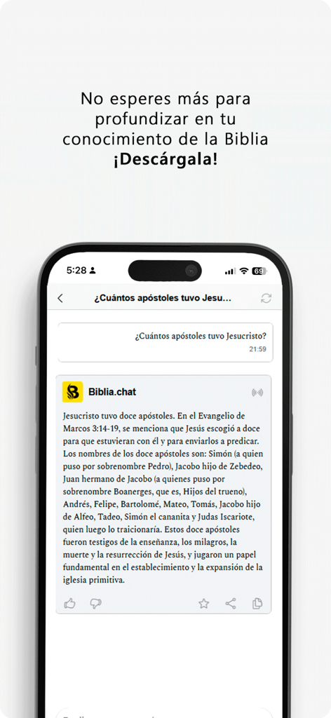 Biblia.chat: Read. Hear. Chat. - Uma captura de tela do aplicativo Biblia.chat mostrando um assistente de IA respondendo a uma pergunta em espanhol sobre os doze apóstolos