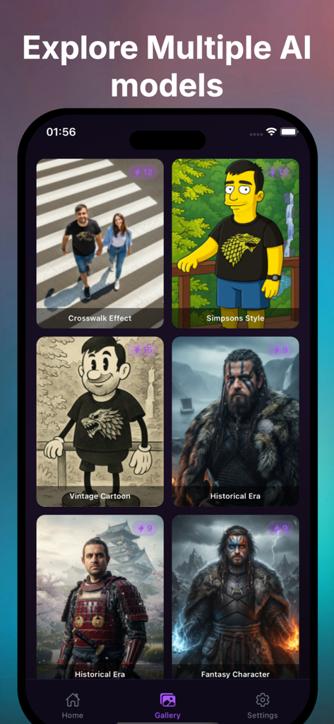 Utopia AI - Dreams to Image - Mobile app screen showing various AI-generated image styles including Simpsons, Vintage Cartoon, and Fantasy models.