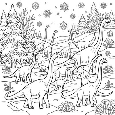 Step into a magical prehistoric winter with this unique coloring page featuring magnificent Brachiosaurus herds. Imagine their long necks towering over snow-dusted trees as snowflakes gently fall around them.