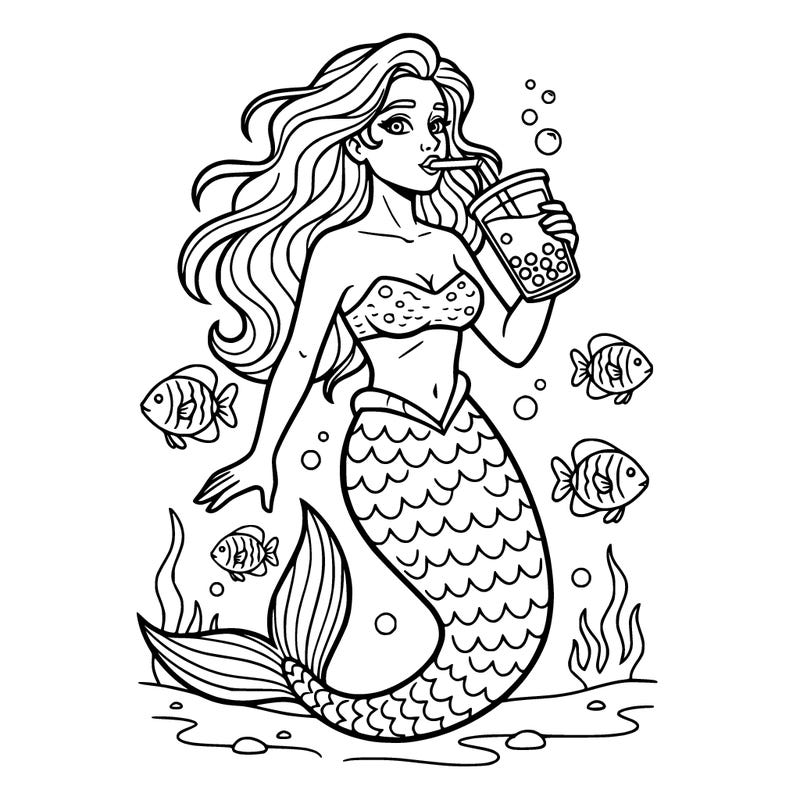 make an easy to color mermaid with long wavy hair in a croc top with a long tail under the sea with fish swimming around her and she’s drinking boba