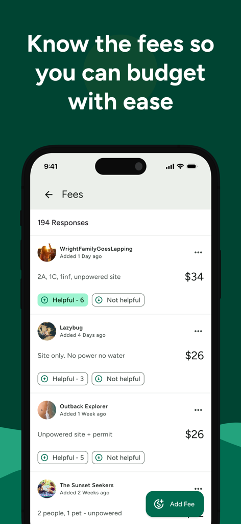 WikiCamps Australia app screenshot showing community-sourced campsite fees and pricing to help travelers budget for their trip.