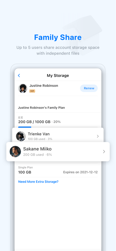 Interface de l'application FEB montrant la fonctionnalité de partage familial pour la gestion du stockage cloud partagé entre plusieurs utilisateurs