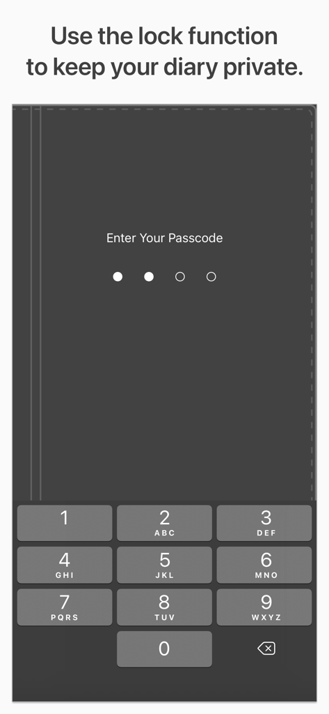 Notebook - Diary & Journal App - Ein sicherer Passcode-Sperrbildschirm der Notebook Diary App, der die Privatsphäre des Benutzers gewährleistet