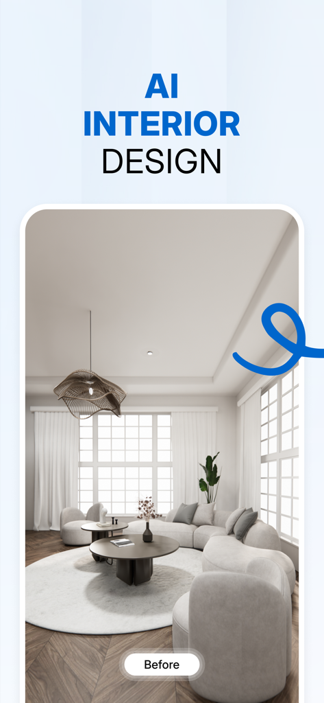 Hano Home – AI Interior Design - AI interior design app preview showing a modern living room before renovation