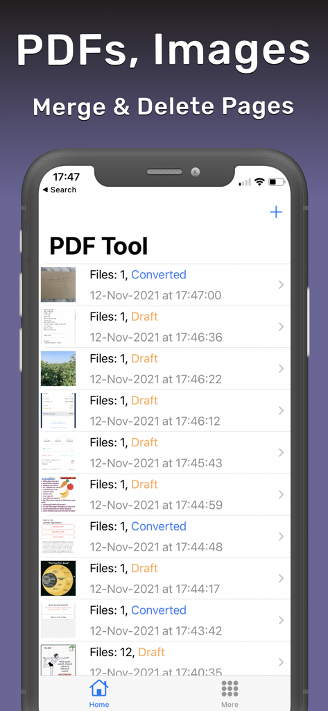 PDF Pages: Add, Delete, Export - PDF Toolアプリのインターフェース。ドキュメントのリストと、ページを結合および削除するオプションが表示されています。